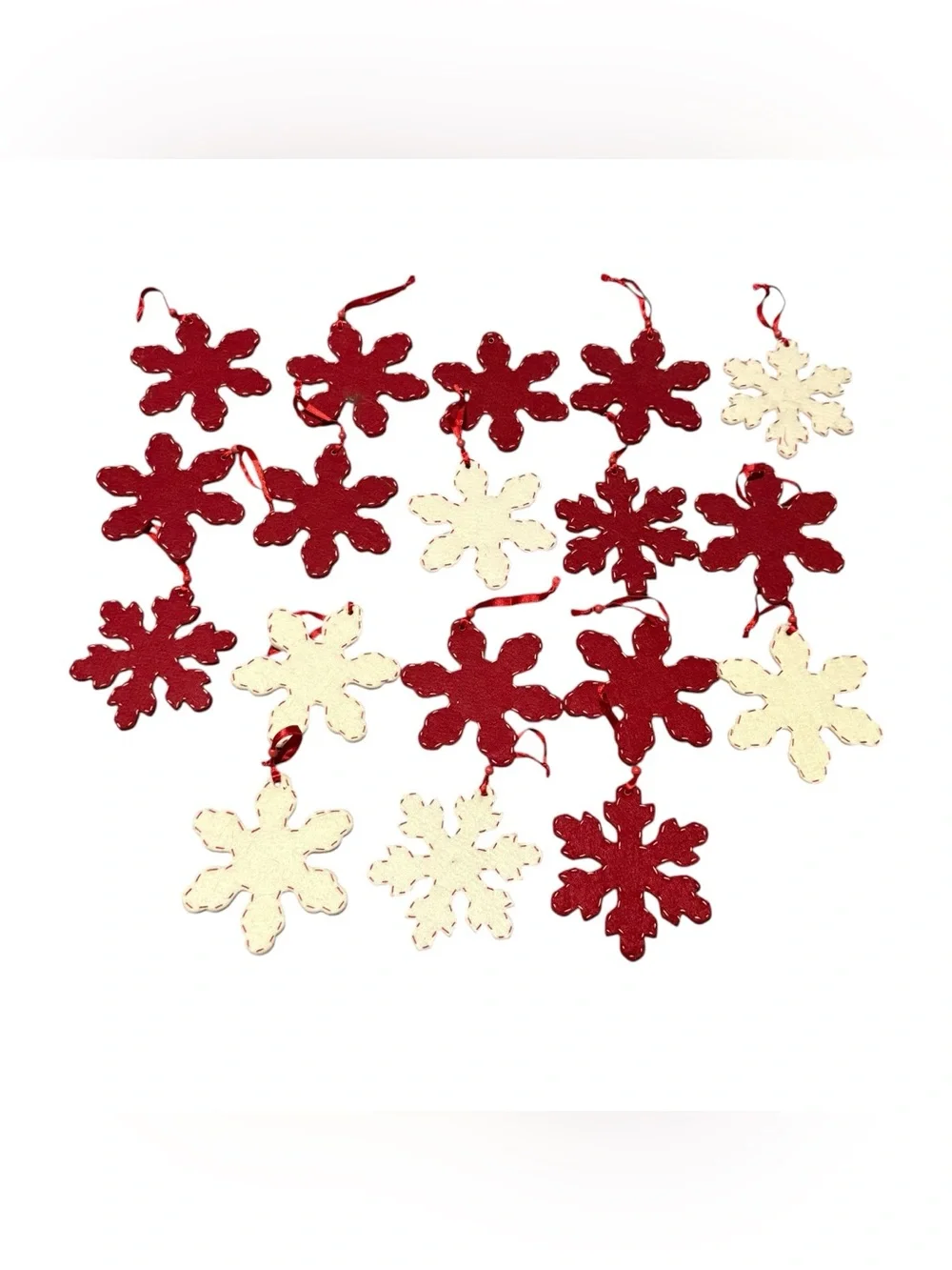 Lot Of 18 Snowflake Christmas Ornaments Felt Red White